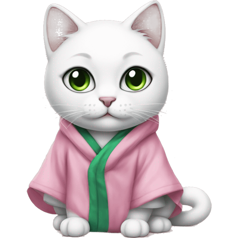 A white cat with big black spots and green eyes in a pink robe emoji