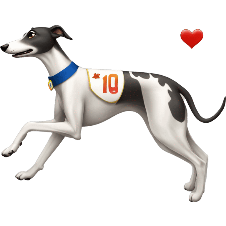 Greyhound running with sash with number "1" emoji