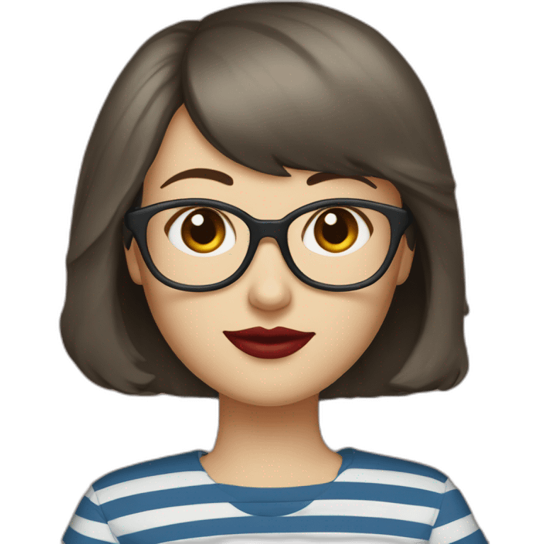 caucasian woman with retro glasses, dark brown hair, a bob haircut, bangs, red lipstick, blue and white striped t shirt emoji