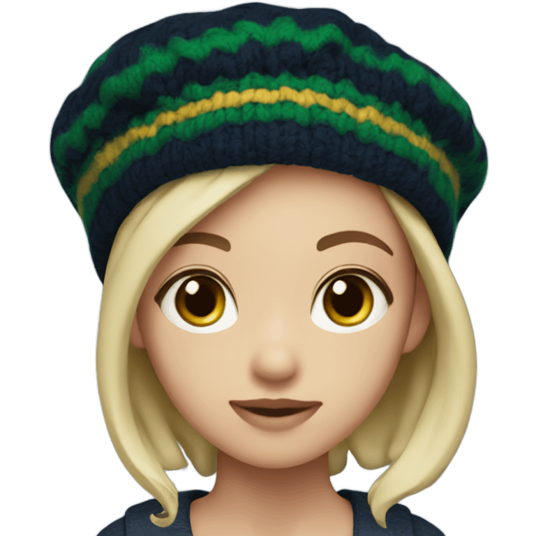 Girl waering stripe beret with navy& deep green color wool emoji