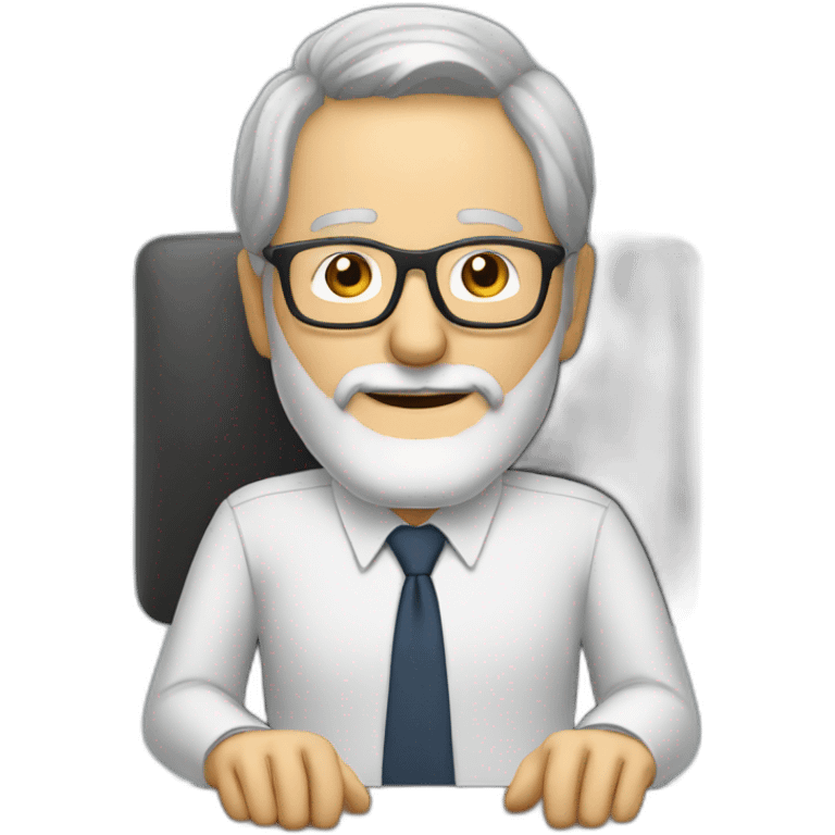 old man with grey hair and beard and glasses sitting at a desktop with 3 monitors emoji