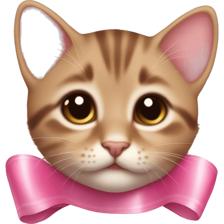 Small Little brown kitten with a pink ribbon around its neck, with big brown eyes and pink toungue emoji