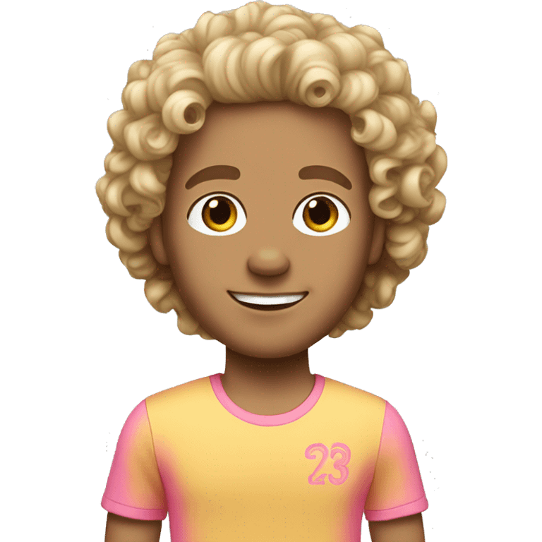 White guy with curls wearing a barbie tee emoji