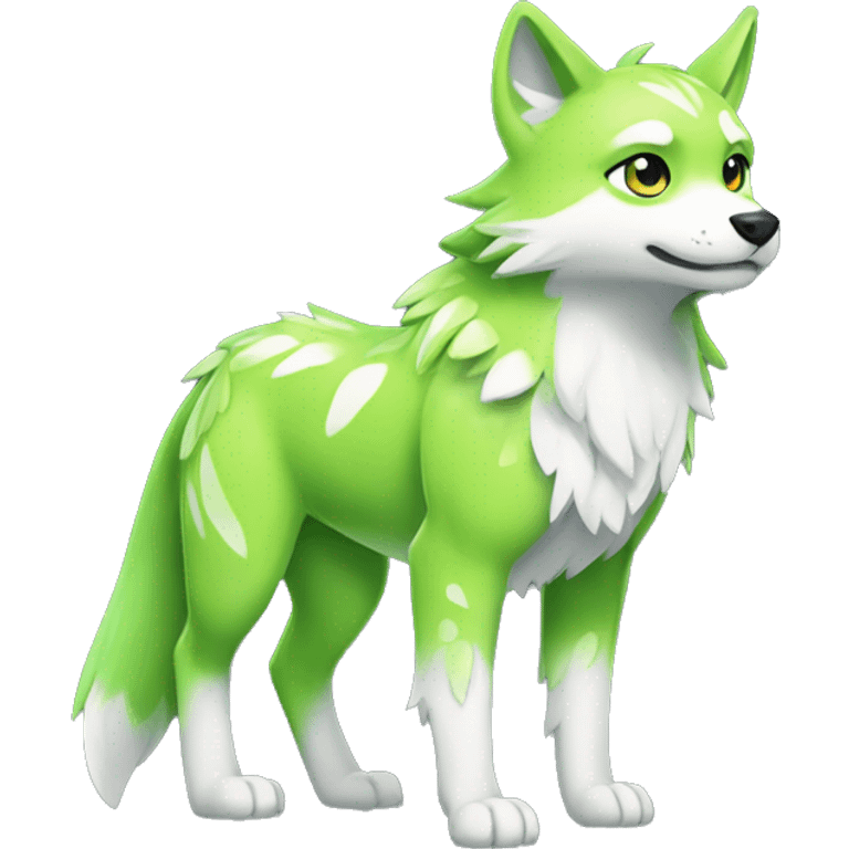 Cute Shy Shiny Lime-Green Falvie-Fakémon-Wolf with white and dark-green markings Full Body emoji