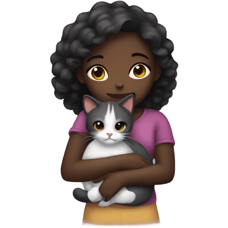 Dark skin girl hugging cat emoji