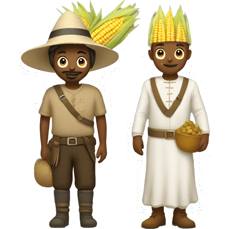 Two pilgrims next to corn with turkeys emoji