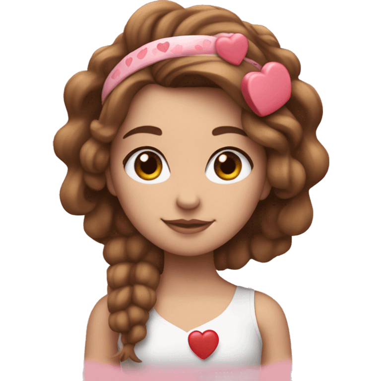 White girl, heart headband, holding a heart Valentine’s Day with brown hair emoji