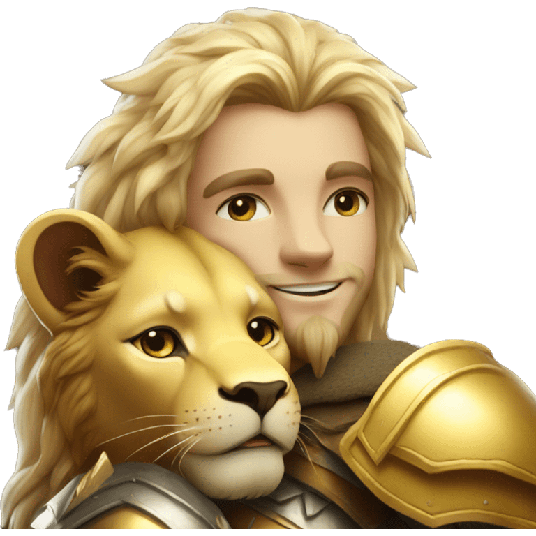 A lion leonin with golden armor hugging a blonde elf  emoji