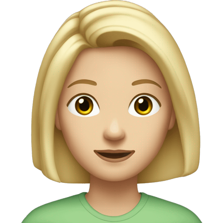 A woman with shoulder-length, blonde hair, green eyes, and fair skin. She is wearing a light-colored shirt and has a neutral to slightly smiling expression. She wears two earrings at the top of her right ear and one earring in each ear. emoji