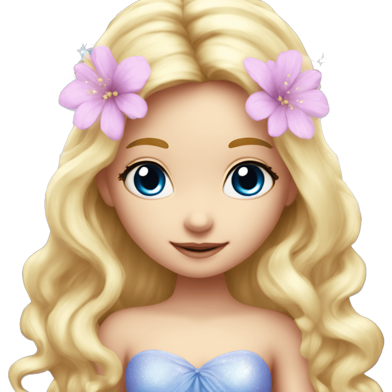 Fairy, a blonde hair with blue eyes and a pink dress with sparkly wings. Flowers. White wings. The fairy has long, curly hair with a lot of volume emoji