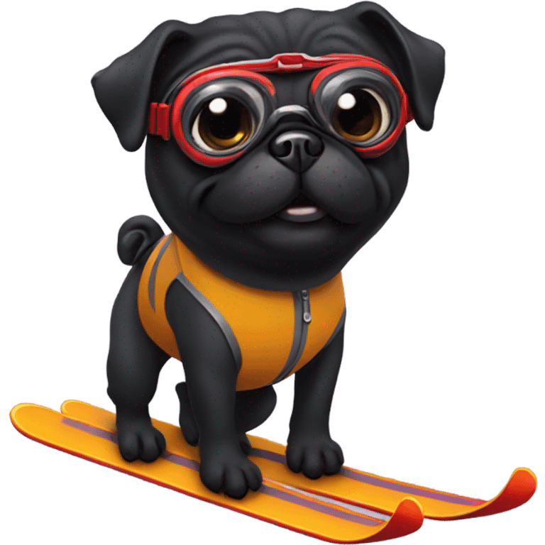 Black pug with a curly tail and goggles skiing on a snowy mountain emoji