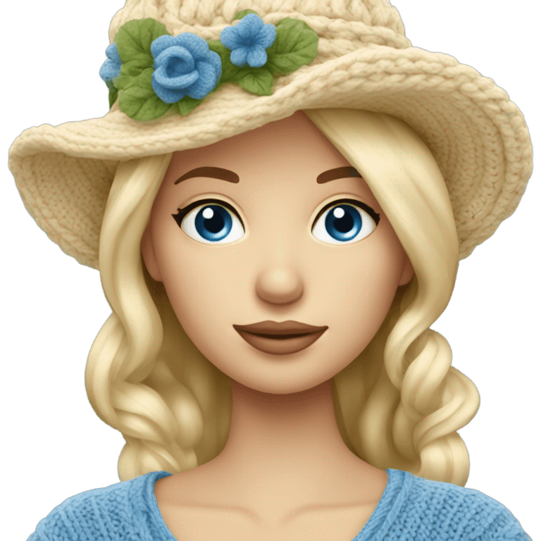 beautiful finnish blonde woman with blue eyes knitting floral hat emoji