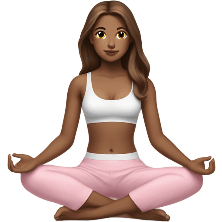 A girl with brown long hair, fair skin and brown eyes is sitting in a lotus position in a white bra top and short pink skirts emoji