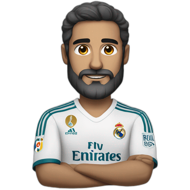 dark haired man with grey beard in real madrid jersey standing with arms crossed emoji