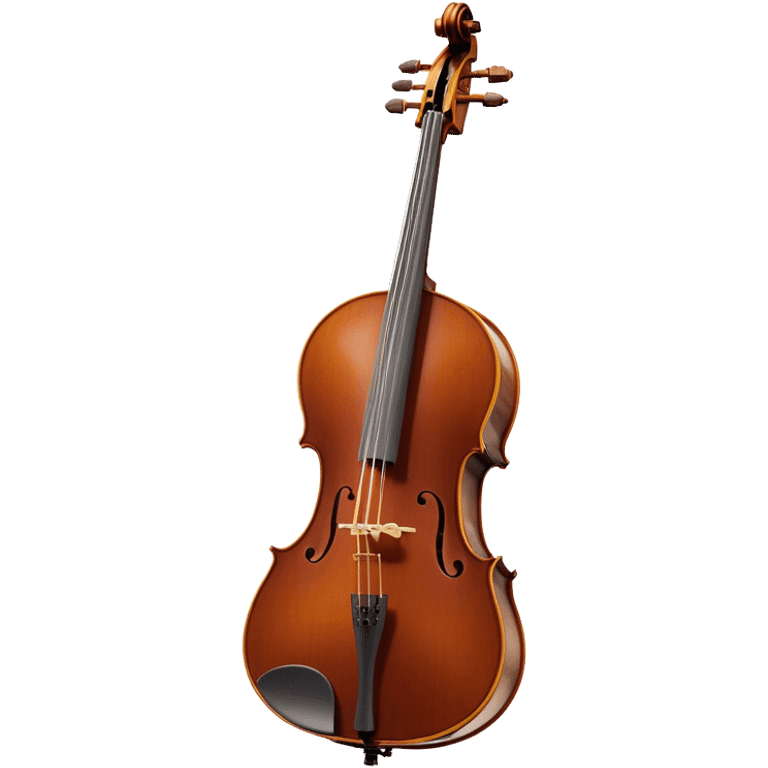 Create an elegant and refined emoji representing the Cremona cello with a Hans Klein HKCB bow. The design should feature the curved wooden body of the cello with a rich, glossy finish, capturing its classical shape and intricate details. The bow should be displayed with fine craftsmanship, highlighting the hair and the smooth, polished wooden stick. Include subtle musical notes floating around the instrument to emphasize its rich, melodic sound. Use deep wood tones like chestnut brown, gold accents for the fittings, and soft lighting effects to give the instrument a timeless, professional feel. The background should be transparent. emoji