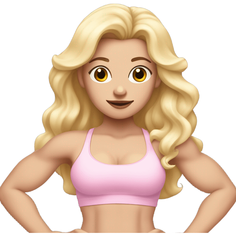 Woman, white skin, light skin, long hair, blonde hair, wavy hair, baby pink sports bra, baby pink leggings, flexing one arm emoji