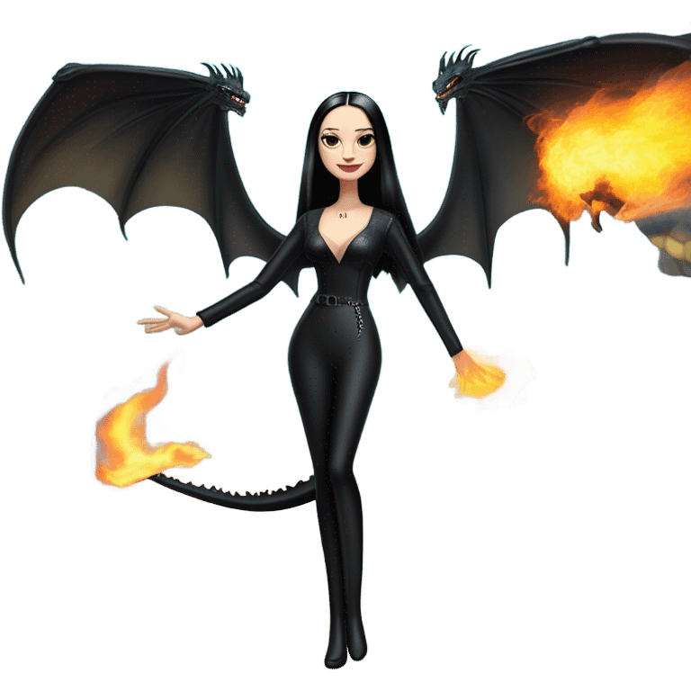  beautifully dressed teen Morticia Addams Malibu Beach Barbie Jedi flying/riding on the back of a very large black shiny evil-looking fire-spewing horned dragon. proper scale emoji