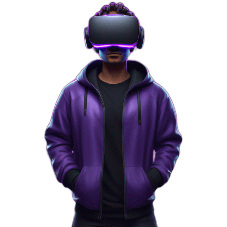 Cyberpunk style. Violet neon. White skin man in the black hoody with violet OMG VR logo on it. Man in vr headset oculus quest 2 emoji