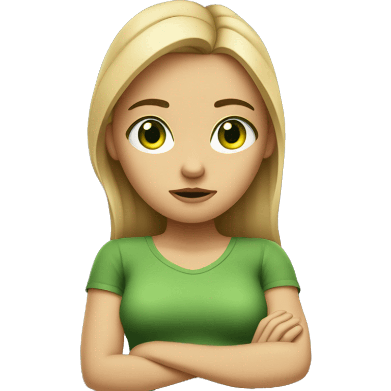 girl woth dirty blonde hair and green eyes, crossing arms and looking annoyed emoji