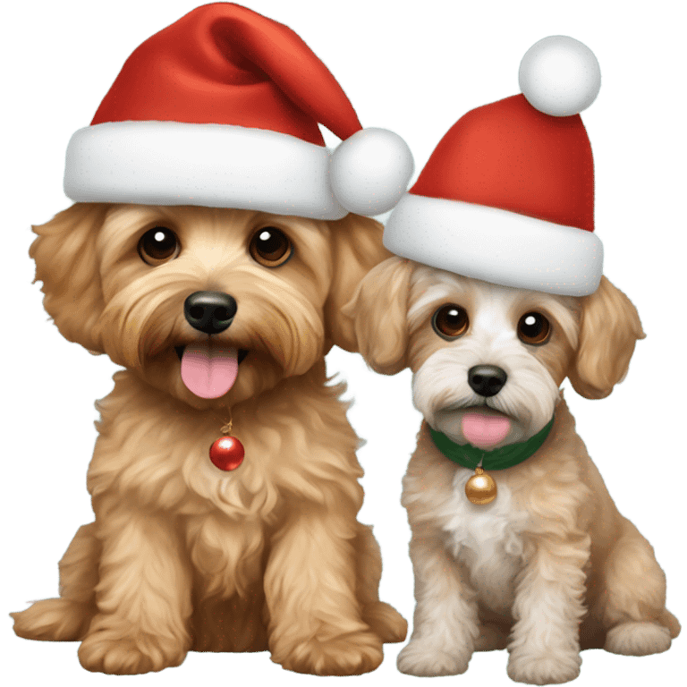  Schnoodle and gold cavapoo with Christmas hats emoji