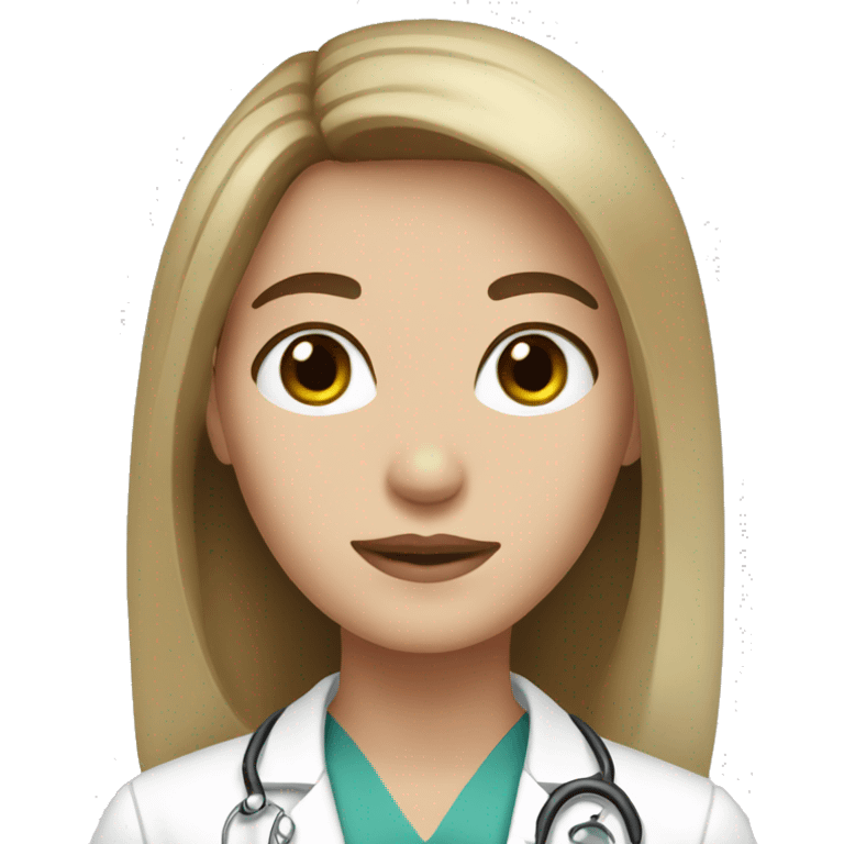 Beautiful white doctor with brunette long hair and black eye color emoji