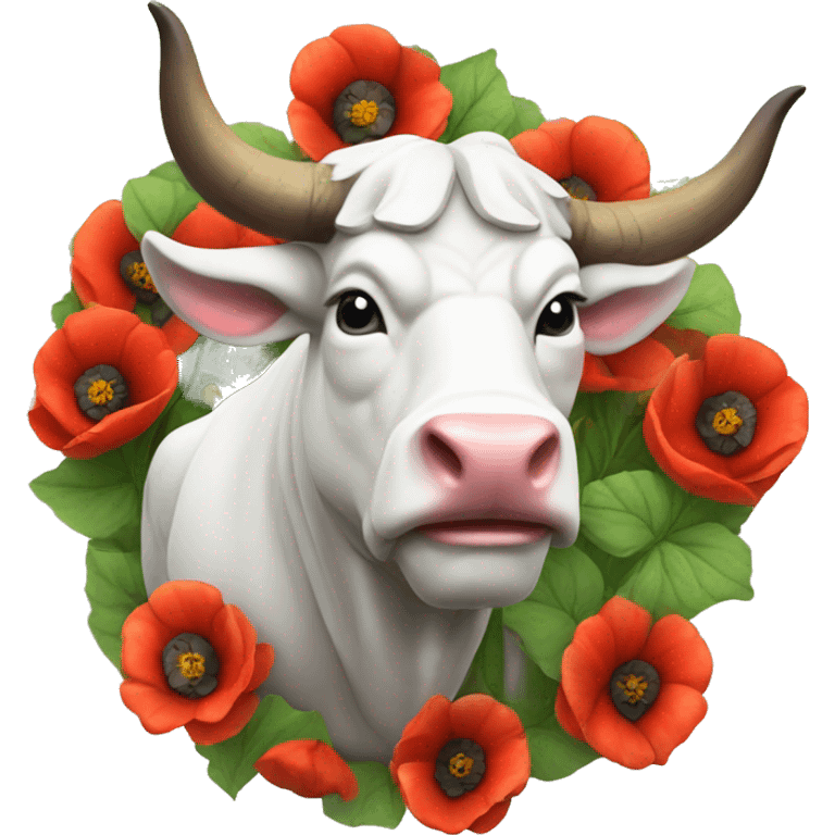 Realistic White Stone Bull with multicolor poppies on the horns emoji