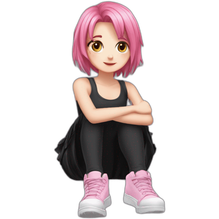 Full body Front view curvy emo girl pink hair sits on the floor straight view hands up black skirt полосатые рваные чулки emoji