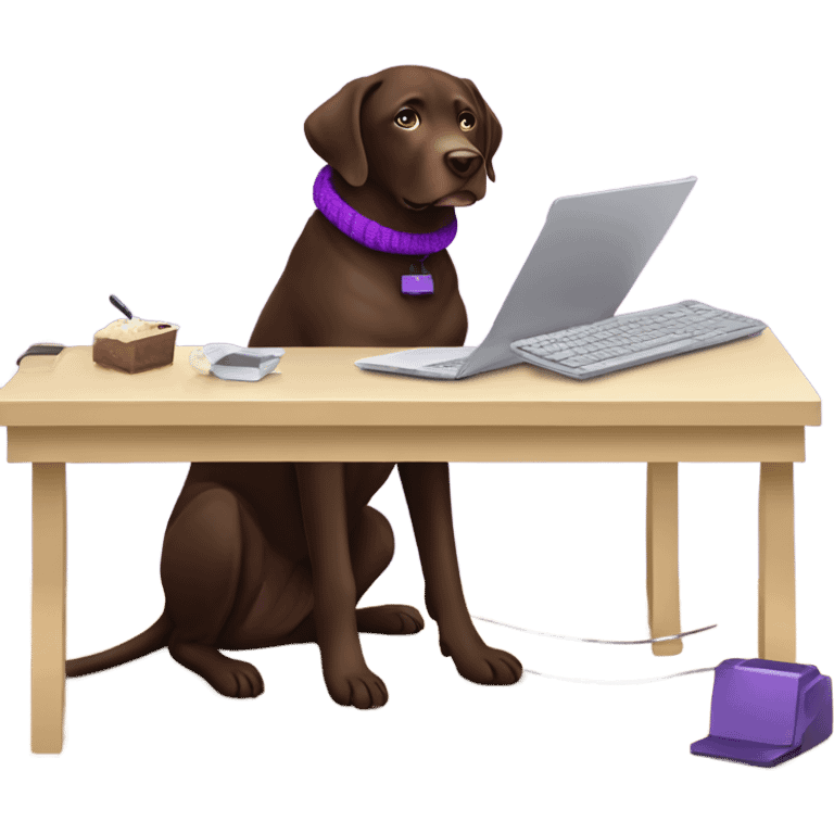 Chocolate lab working on computer with small headset , food on desk, wearing purple sweater  emoji