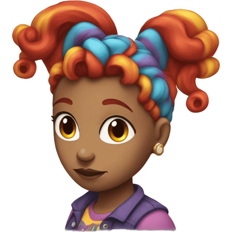 a white girl with long red curly hair in a pony tail with rainbow shirt being bad ass emoji