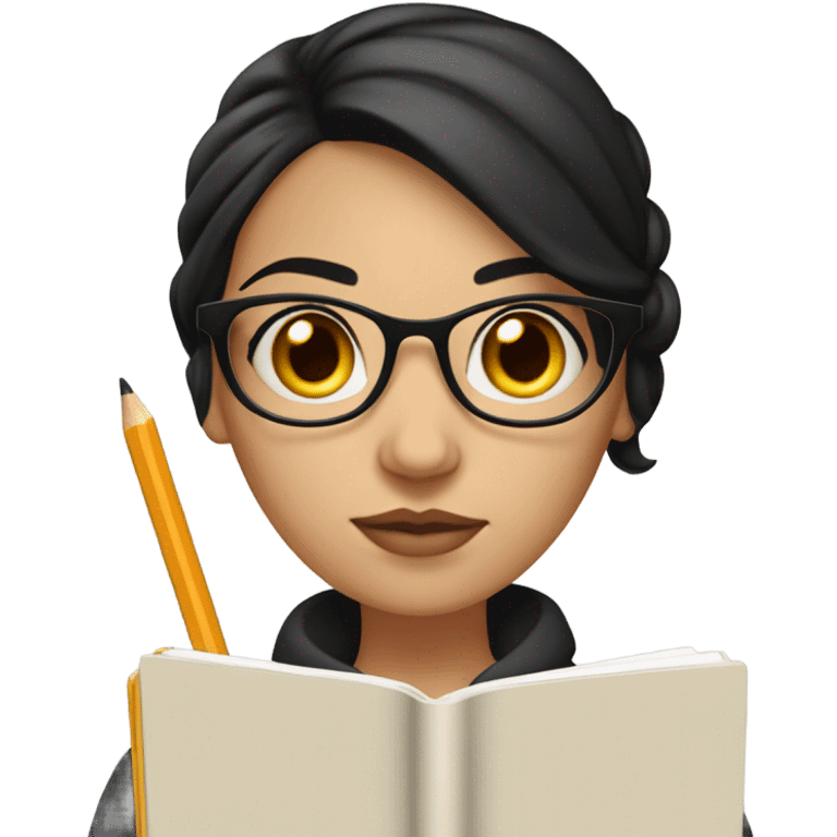 An caucasian woman with Black hair with a bun in the top of her head, she has glasses, she is writing a note on her notebook, we can see her pencil while writing emoji