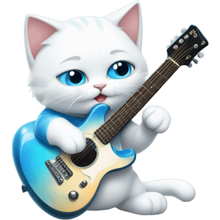 white cat playing a blue rock guitar  emoji