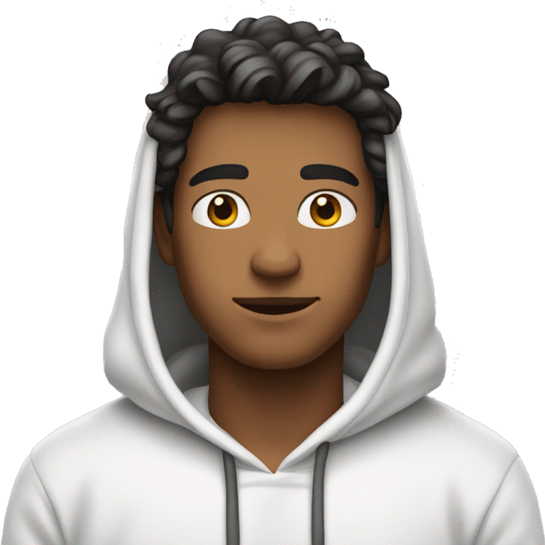 An emoji of a handsome man wearing a white hoodie, with the hood down, showing his hair, and standing confidently with a relaxed expression emoji