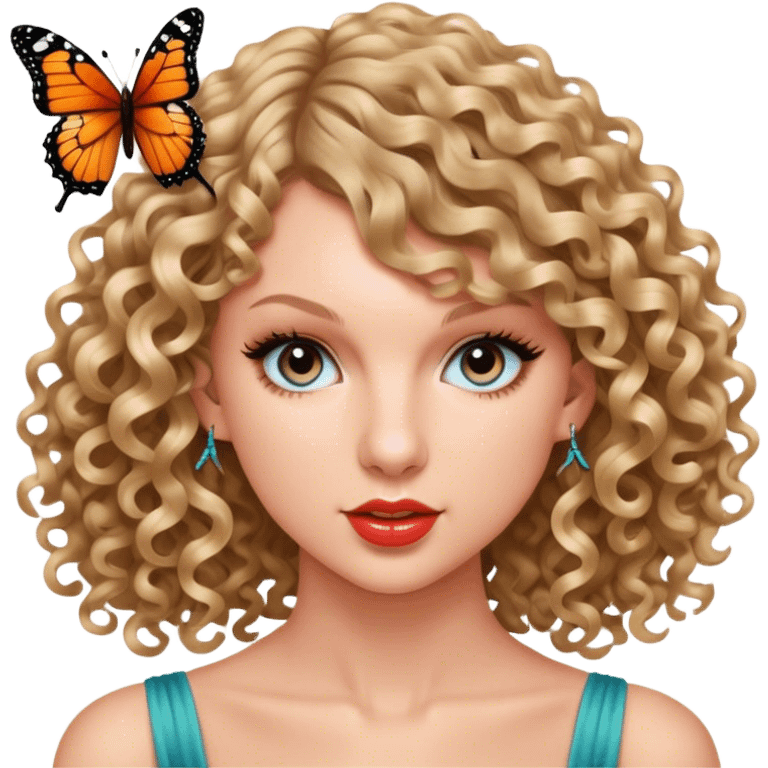 Taylor Swift with curl hair and a butterfly emoji