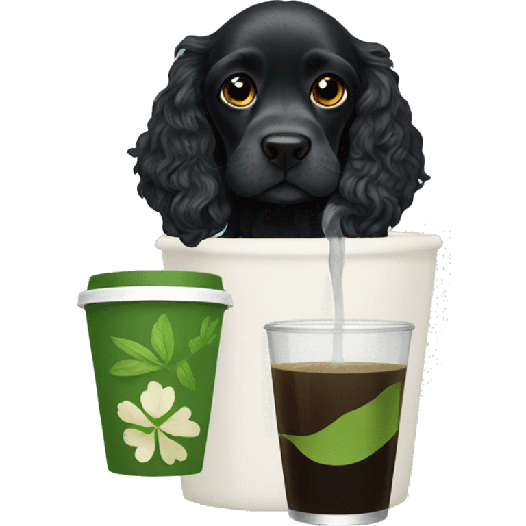 Black cocker spaniel drinking matcha emoji