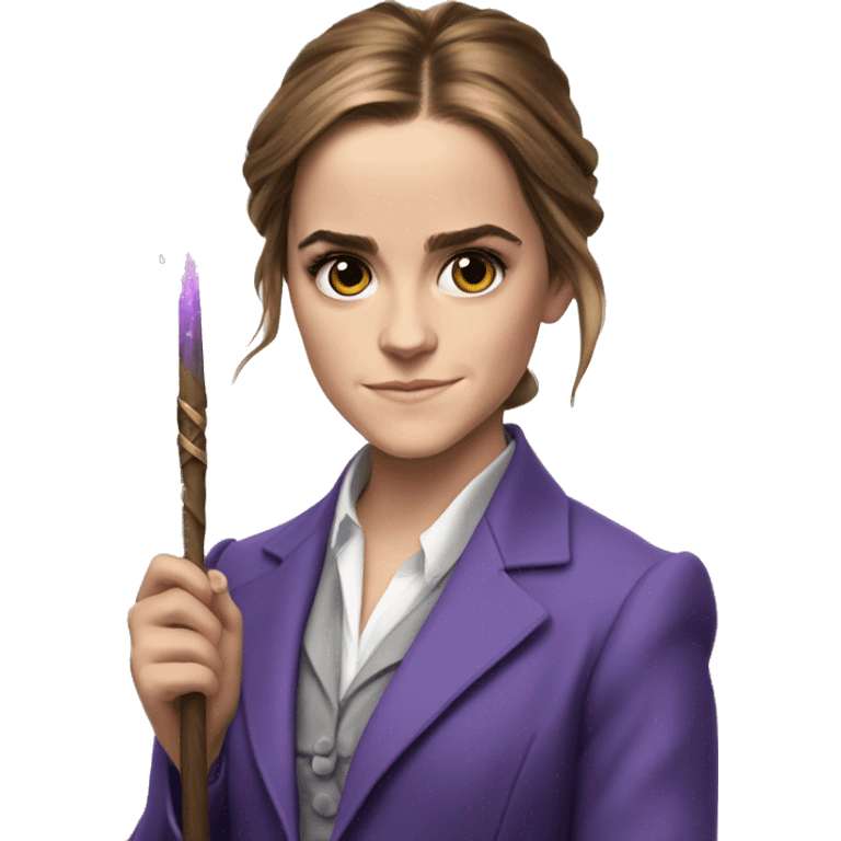 Emma Watson violet suit as Minister of Magic with her wand emoji