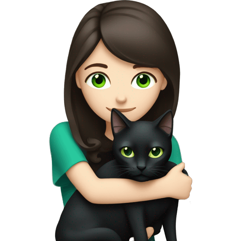 White brunette with blue eyes hugging black cat with green eyes emoji