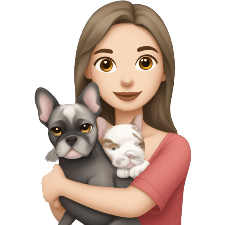 brunette hair girl cuddling a black and white frenchbulldog and a lynx point tabby cat emoji