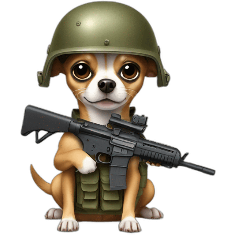 chihuahua with military helmet and a rifle on his hands emoji