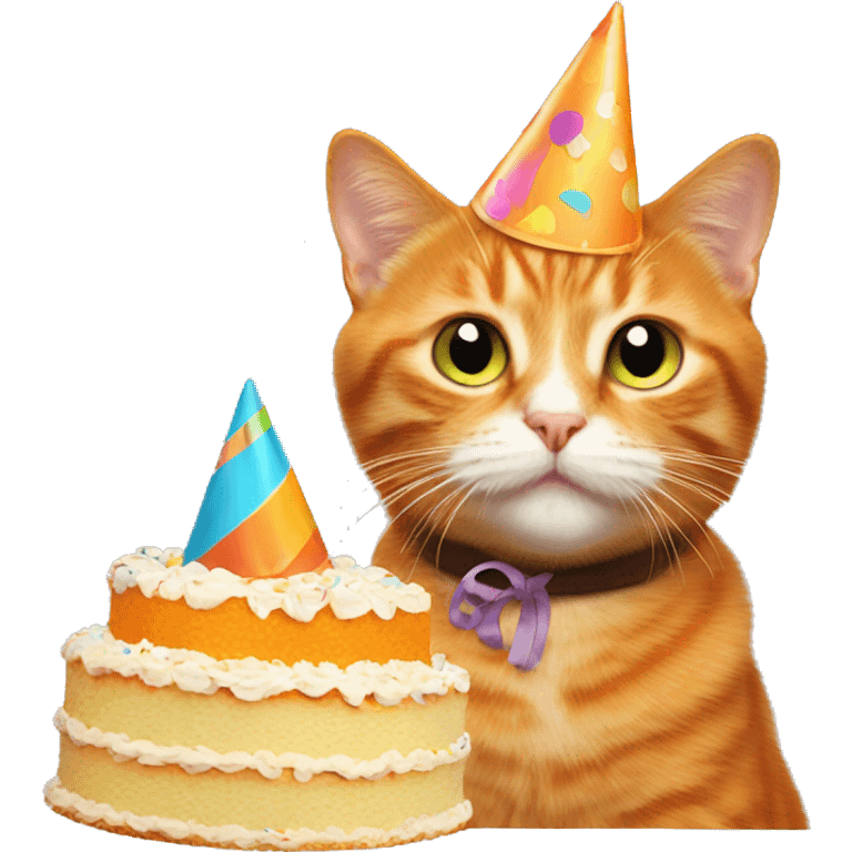 Orange cat with party hat and cake emoji