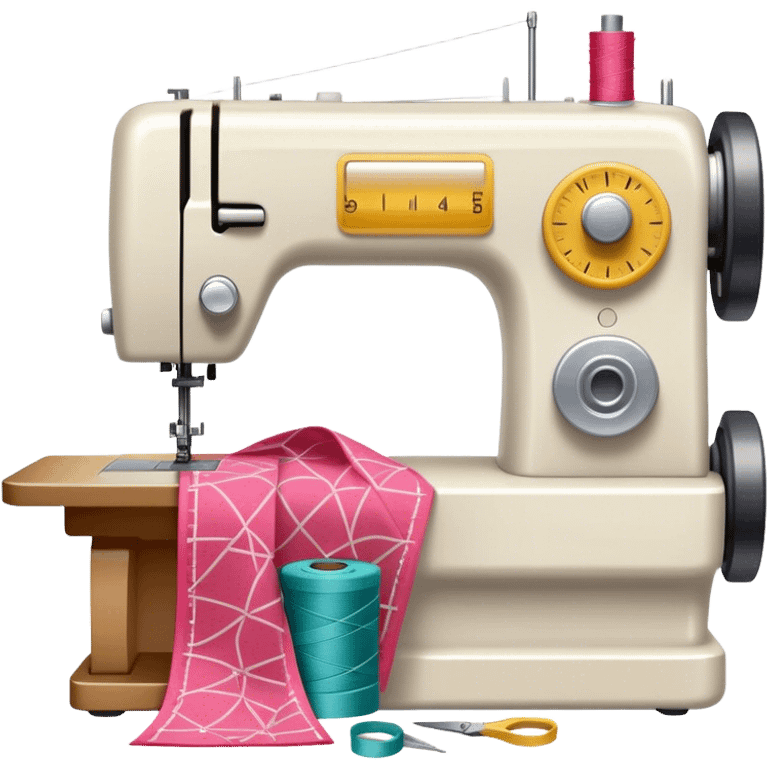 Sewing icon, measuring tape, pins, scissors, and a dress in progress, sewing machine with thread, visible needle, spools of thread, fabric pieces cut according to patterns, minimalistic style, clean lines, transparent background. emoji