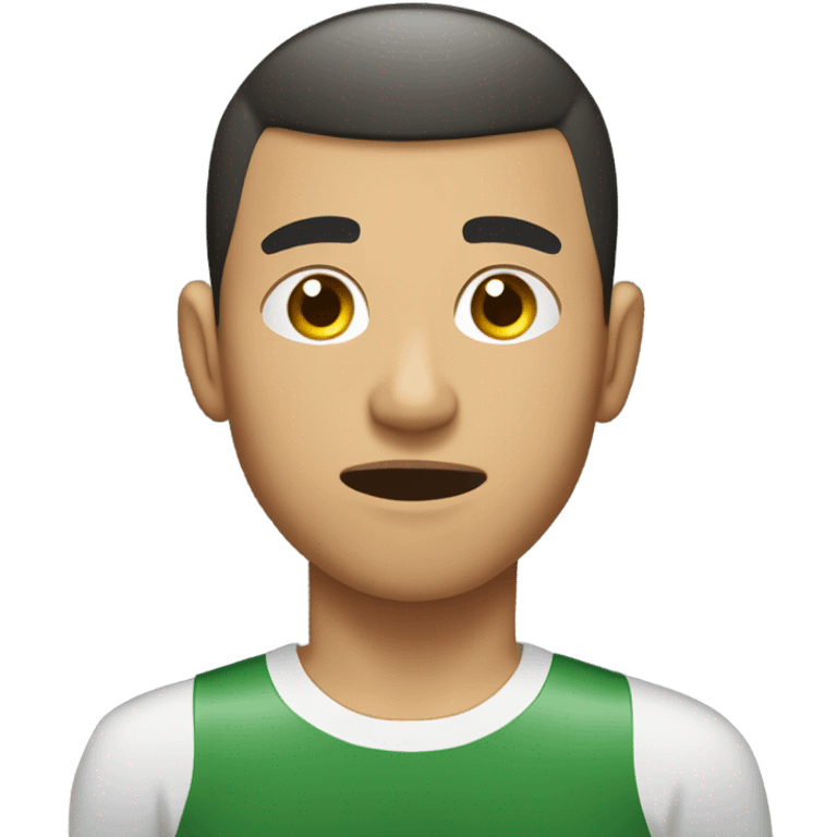 pakistani asian 18 year old boy with a buzz cut with a fade and sharp hairline, white teeth, visibly muscular. looking at his phone looking disgusted, as if someone had messaged him the most stupidest thing possible.  emoji