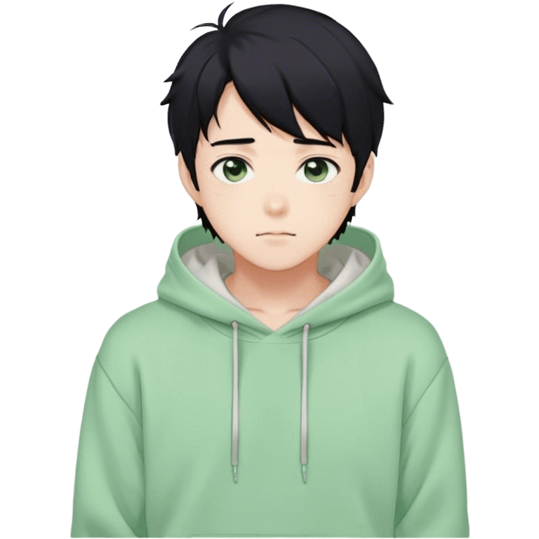 Gorgeous pastel green sweater black hair anime style shojo guy with blushing face and, hoodie, aesthetic, young adult, trending style outside  emoji