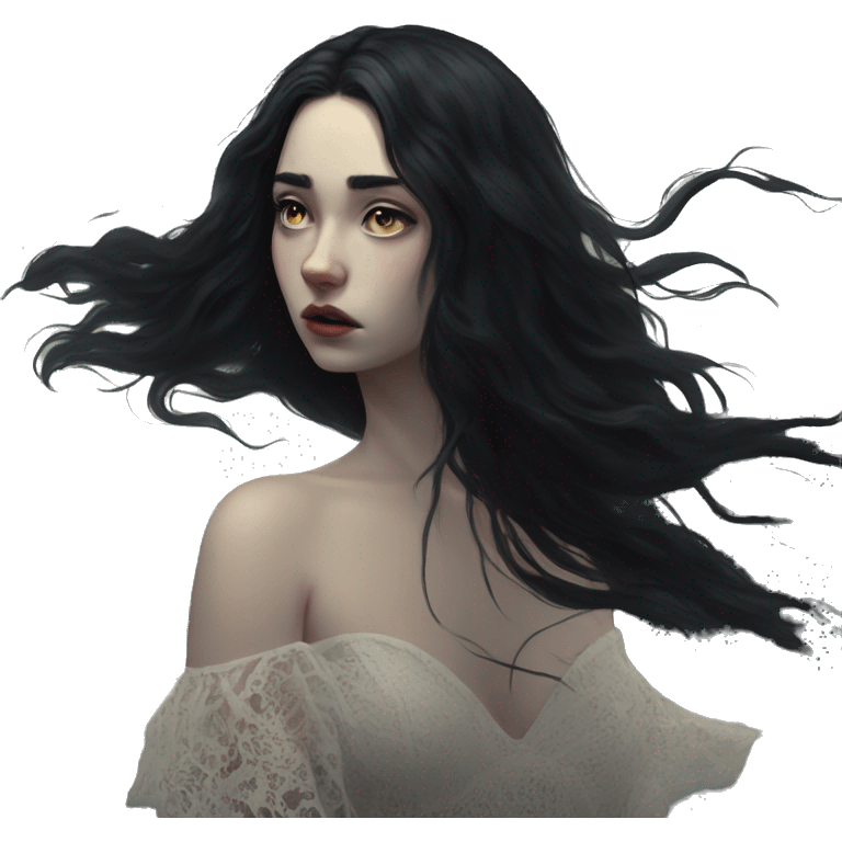 Dramatic girl  very pale with dark lighting  with black hair  in river with very very long lace dress  black long hair flying in the wind sad face  emoji