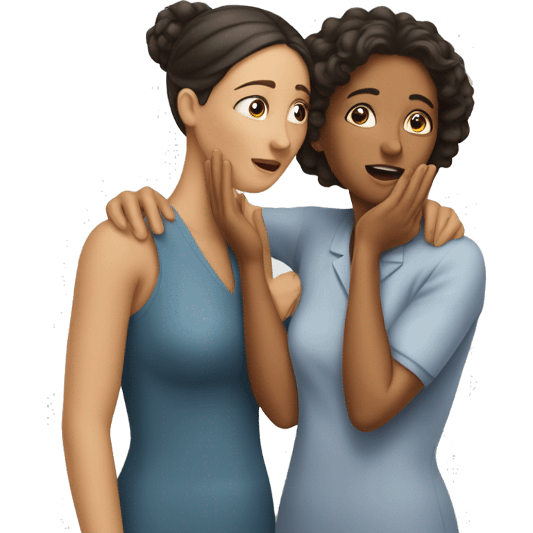 One woman whispers into the ear of another woman closing by hand emoji