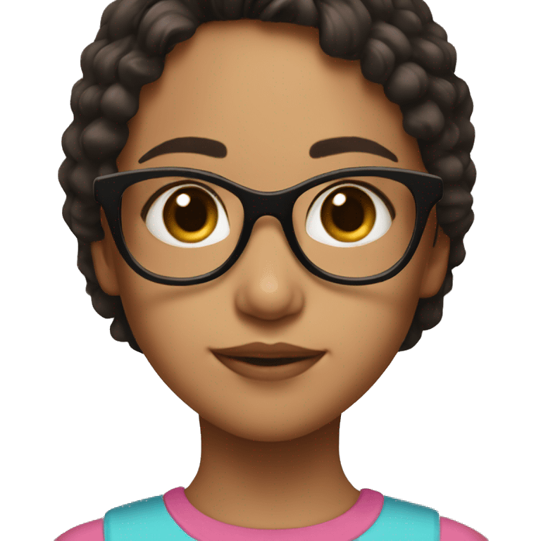 young girl with pink glasses and brown eyes and brown and black hair emoji