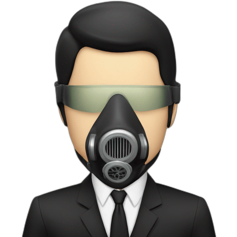 Poker face man, black hair and black gas mask on and black pant suit emoji