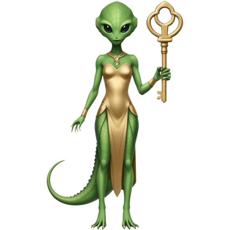 a reptilian alien woman full body, in gold dress, hold big key emoji