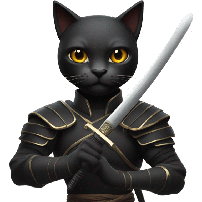 black humanoid cat with a katana in his hands in a stance allows the inscription Jeets emoji