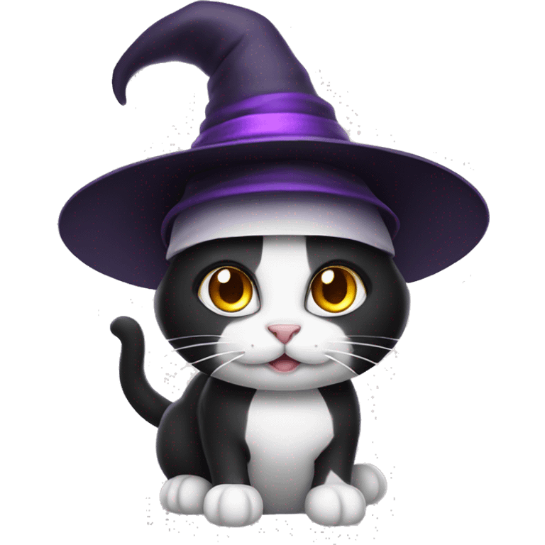 black and white cat with a witch hat emoji