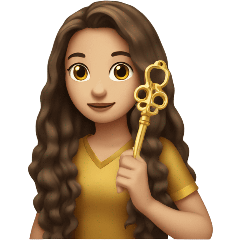 Girl with brown long hair with gold key in hand emoji